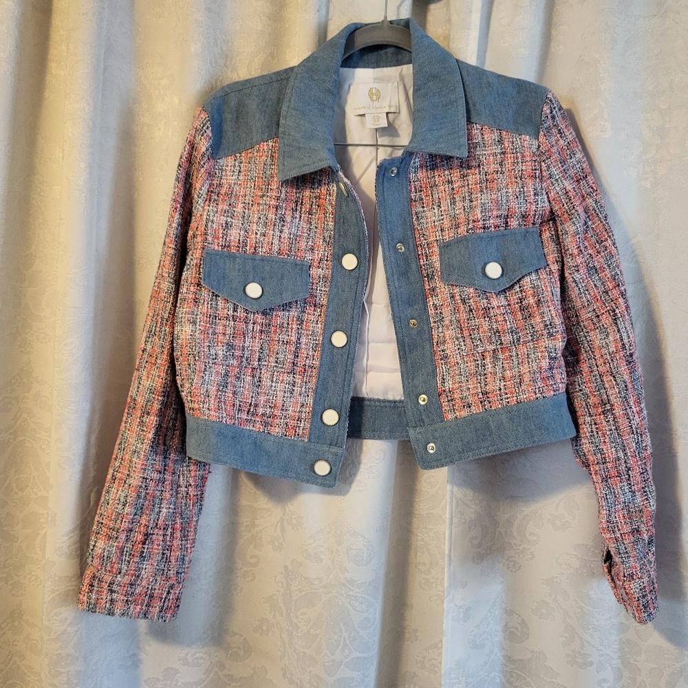 House Of Harlow 1960 Preppy Tweed Cropped Pearscen Button Blazer Size M, Blue - Picture 10 of 16